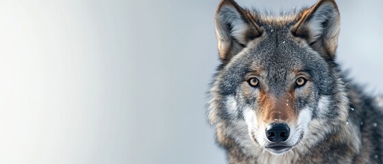 A majestic wolf with piercing eyes staring directly at the viewer with copy space for text. - obrazy, fototapety, plakaty