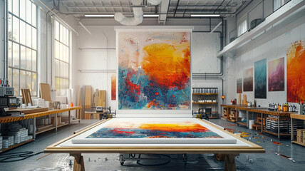 Artwork being printed on large canvas, print machine in background inside clean modern area,generative ai