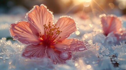 a close up of a pink flower with drops of water on the petals and the sun shining in the background.