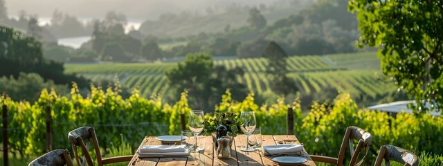 Rustic Outdoor Dining Table Amongst Valley Vineyards, To sense of luxury and natural beauty, inviting the viewer to experience a dining