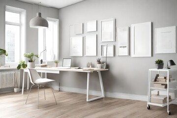 Fototapeta na wymiar A simple and stylish office environment with a muted color palette, highlighting an empty white frame on the wall for personalized decor.