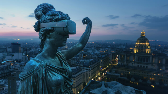 Metropolitan Dusk Selfie, Greek statue captures modernity, Ancient grace meets digital age