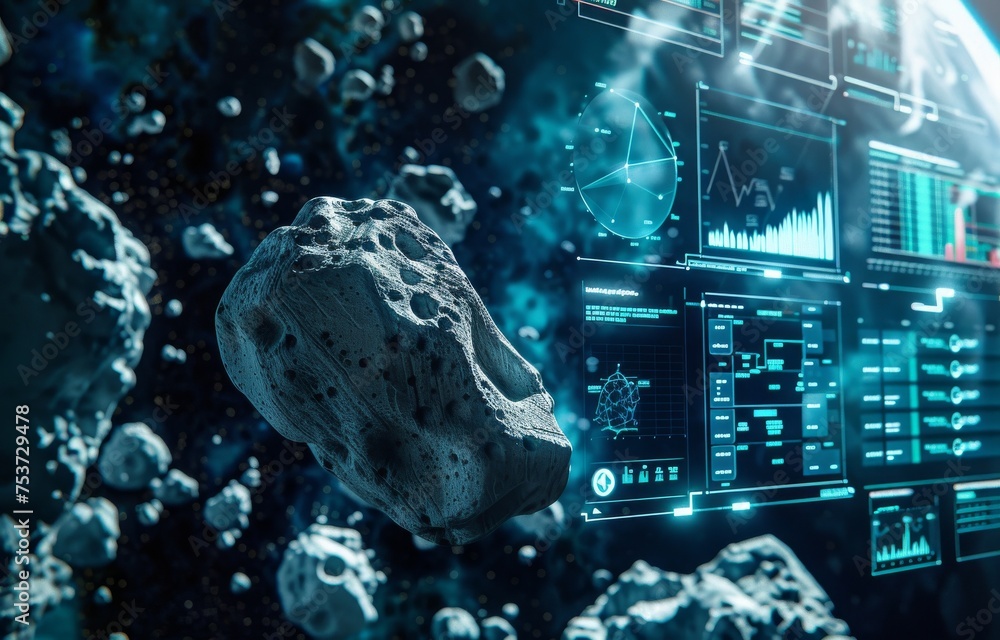Poster an asteroid mining operation with financial graphs and charts showing the market value of mined spac