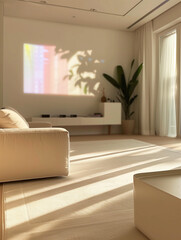 Modern living room with day light shining through the windows on the white interior. Projector is casting on the wall. AI Generated