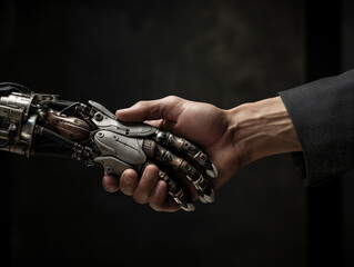 human's hand and animal robot's hand shake hand