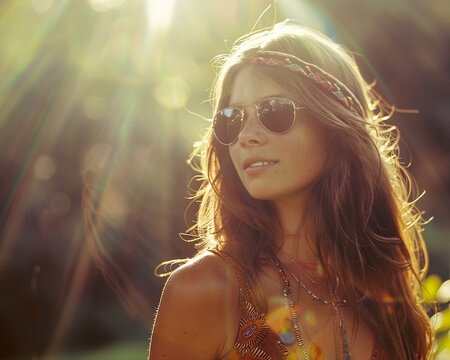 Vintage film style shot of a 1960's hippie girl