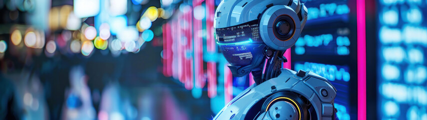 Robot with an analytical expression, embedded screens on its torso showing live currency exchange rates, cold blue lighting reflecting its efficiency. - obrazy, fototapety, plakaty