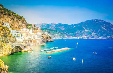 Fototapeta na wymiar Amalfi summer coast and Tyrrhenian sea with boats, Italy