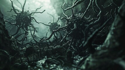 An eerie fear bacterium underwater scene with dark, alien-like organisms featuring tentacle structures, creating a sense of mystery and organic life from an unknown world. - obrazy, fototapety, plakaty