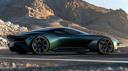 A green sports car with alloy wheels parked on the side of the road - obrazy, fototapety, plakaty