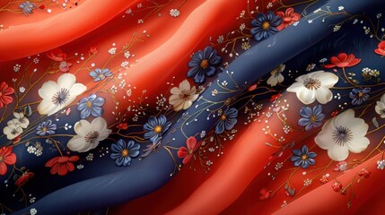 a red, blue, and white fabric with flowers on it and a pattern of red, blue, and white flowers on it.