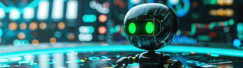 Finance bot in a dynamic pose, surrounded by 3D pie charts and bar graphs, matte black with glowing green eyes, symbolic of wealth and growth.