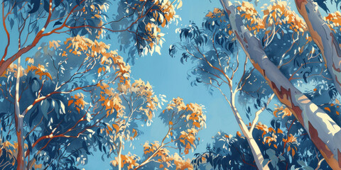Naklejka na ściany i meble Landscape painting of eucalyptus trees against a vibrant blue sky in the background