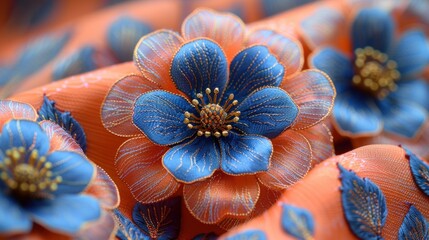 a close up of a blue and orange flower on a piece of cloth with other flowers on top of it. - obrazy, fototapety, plakaty