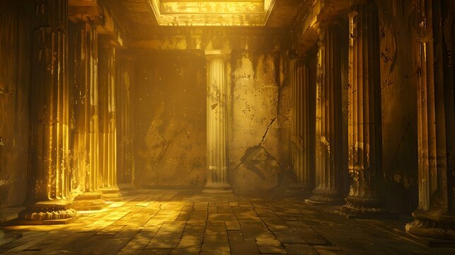 Mysterious ancient temple interior bathed in golden light. atmospheric and majestic hall with columns. a glowing, ethereal setting for fantasy or history themes. AI