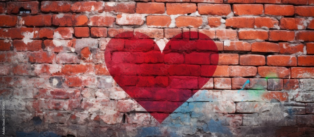 Aufkleber textured old brick wall with heart shape painted on weathered surface aged brickwall in red grunge b