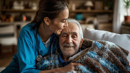 Compassionate female nurse providing care and comfort to a smiling elderly man in a cozy home setting.