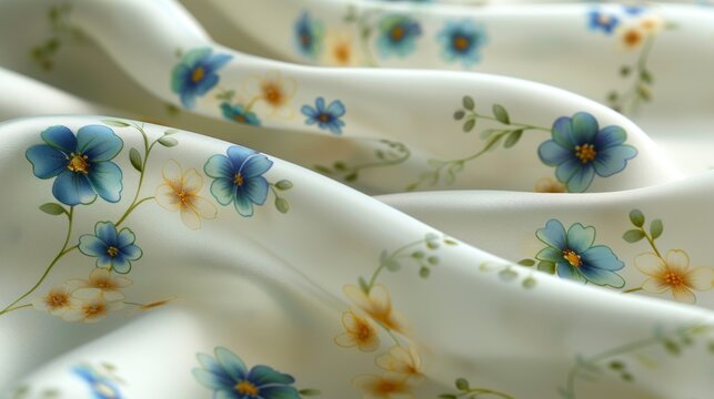 a close up of a white cloth with blue and yellow flowers on it and a green stem on the left side of the image.