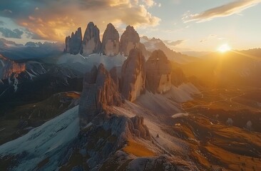 Breathtaking sunrise in the Dolomites with golden meadows, rugged peaks, and detailed textures captured on a Canon EOS R5. - obrazy, fototapety, plakaty
