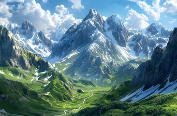 Majestic Zansak Mothra Valley: Snow-Capped Peaks and Emerald Grasslands under Pristine Blue Skies in a Stunning National Geographic-Style Photograph. - obrazy, fototapety, plakaty