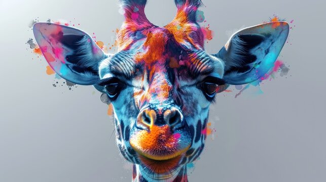 a close up of a giraffe's face with paint splattered on it's face.