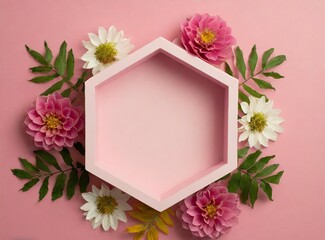 Empty hexagon pink display, with botanical frame design