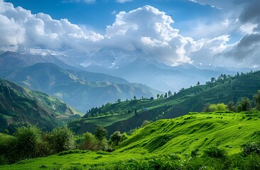 Naklejka premium Captivating Himachal Valley: Snow Peaks and Verdant Slopes Captured by Sony Alpha, Echoing Western Artistry, Under a Cloud-Dappled Sky