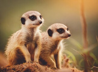 Fototapeta premium Meerkat pups in nature closeup shot on the wild