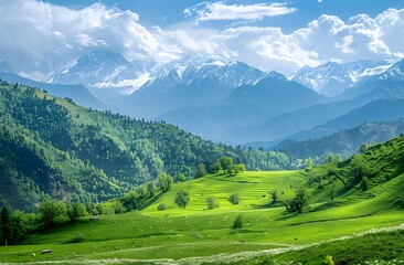 Fototapeta premium Captivating Himachal Pradesh Valley: Snow Peaks, Verdant Greens, and Azure Skies Through a Western Artistic Lens with Sony Alpha - Aspect Ratio 32:21