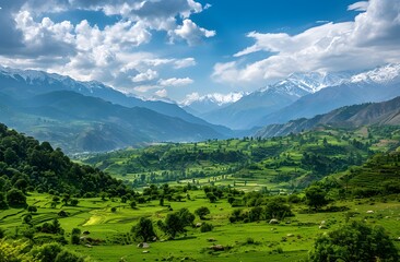 Obraz premium Captivating shot of Himachal's lush valley and snow-capped peaks under a cloud-dotted blue sky, inspired by Western art, captured with Sony Alpha.