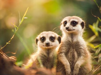 Meerkat pups in nature closeup shot on the wild