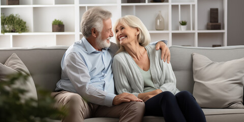 A cheerful elderly couple sharing an intimate moment, sitting close and smiling on a sofa in a modern living room.