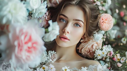 A dreamlike image capturing a young woman with dewy skin, her gaze piercing through a delicate veil of soft pastel flowers, invoking a sense of romantic fantasy.
 - obrazy, fototapety, plakaty