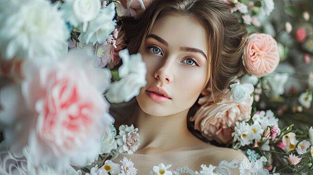 A dreamlike image capturing a young woman with dewy skin, her gaze piercing through a delicate veil of soft pastel flowers, invoking a sense of romantic fantasy.
