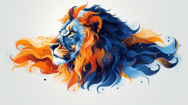 a painting of a lion's head with orange, blue, and yellow flames coming out of its mane.