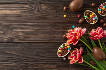 Sweet Easter celebration setup. Top view of shattered chocolate eggs filled with multicolored...