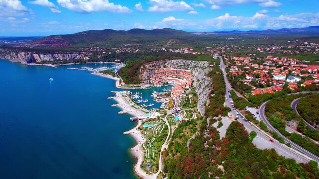 Portopiccolo Sistiana - Italy - Gulf of Trieste - fantastic flight aerial view of the seaside resort in a rocky bay