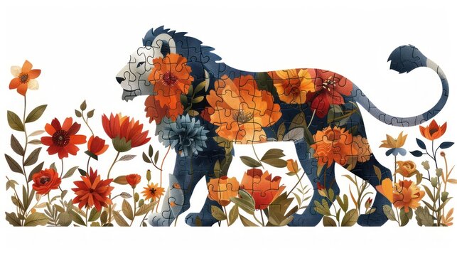 a picture of a lion in a field of flowers with a puzzle piece in the shape of it's head.