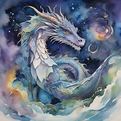 Watercolor dragon illustration, generative ai