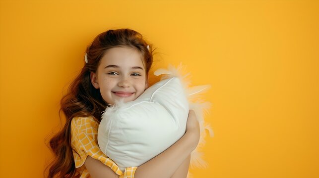 Happy young girl hugging a pillow on a vibrant orange background. joy and comfort in a simple image. perfect for family content. vivid and cheerful. AI