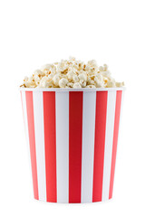 Popcorn in red and white striped container, isolated on white background. - 753732020