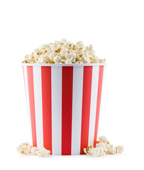 Popcorn in red and white striped container, isolated on white background. - 753732057