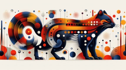 a painting of a black cat with red, orange, blue, and white circles on it's body.
