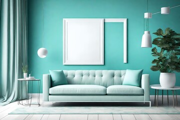 A sleek turquoise living room with a comfortable armchair and a blank white empty frame.