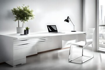 Close-up of a modern wooden desk with a glossy white finish, offering a clean and contemporary backdrop.