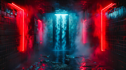 Futuristic Corridor in Neon Blue, Dark Space with Bright Lights, Abstract Interior Concept