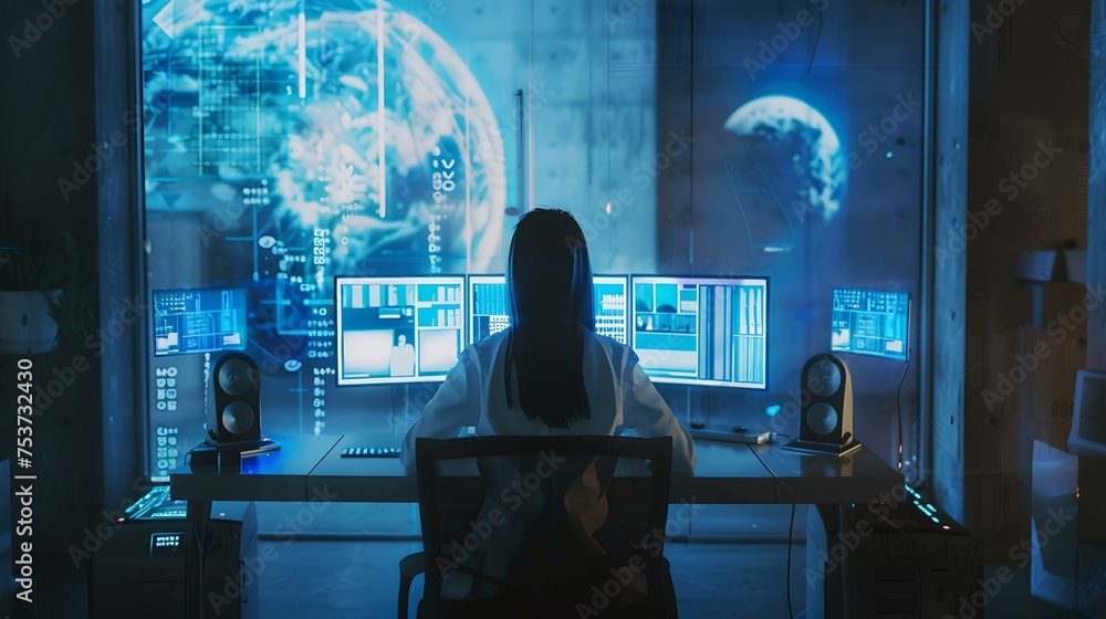 Poster futuristic cybersecurity expert monitoring network activity. working late in high-tech environment. 