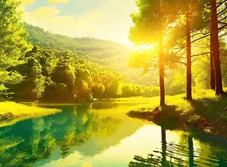 Washable wall murals Yellow Picturesque landscape with green trees and a lake on a sunny afternoon