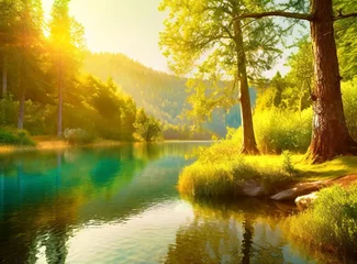 Tuinposter Picturesque landscape with green trees and a lake on a sunny afternoon © D'Arcangelo Stock