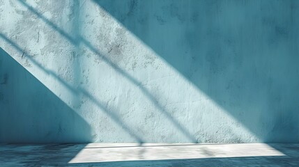 Cyan Plaster Wall with Shadows of Sunlight. Elegant Background for Product Presentation